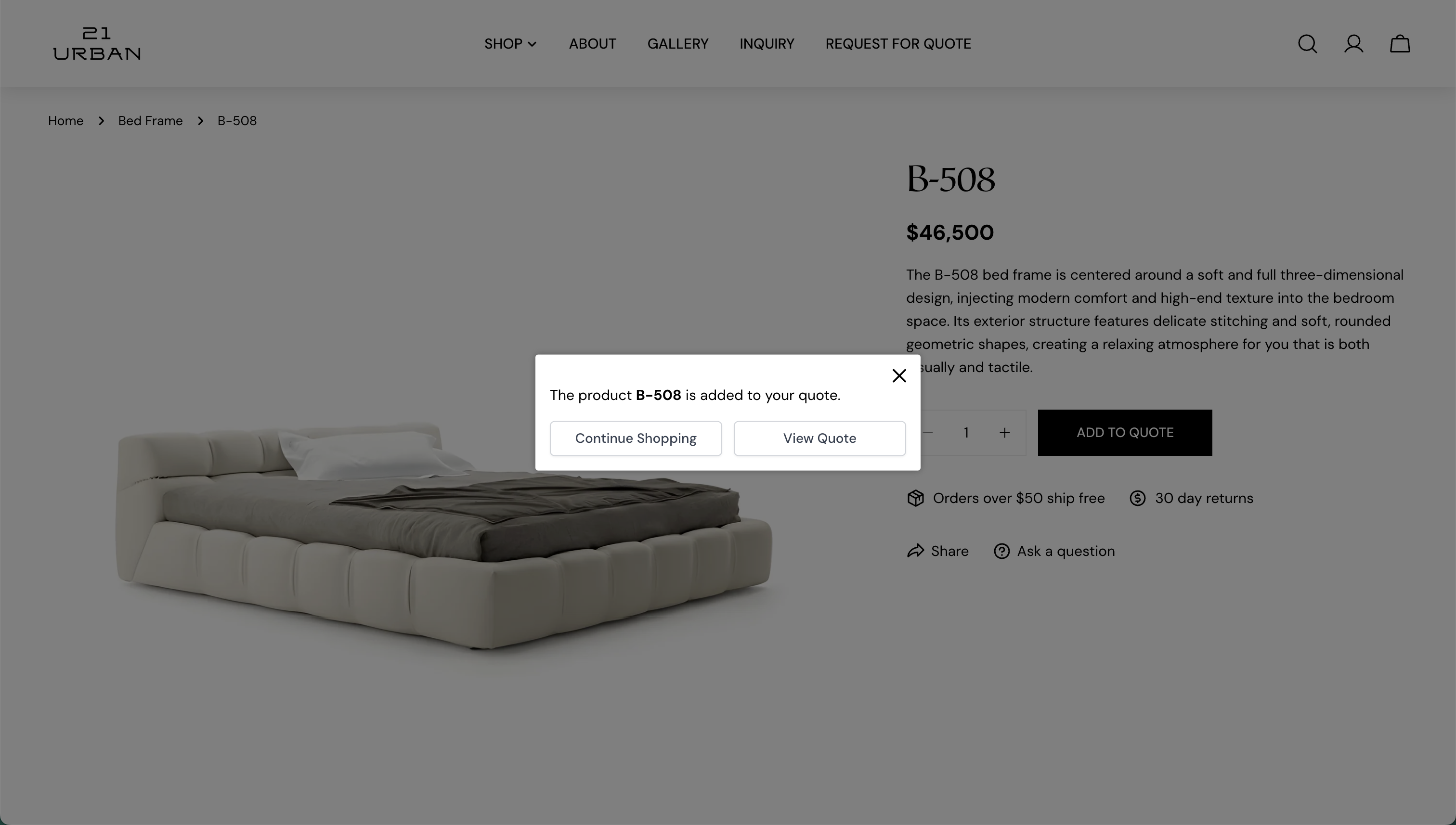 Add to Quote confirmation dialog: the product B-508 is added to your quote, with Continue Shopping and View Quote buttons
